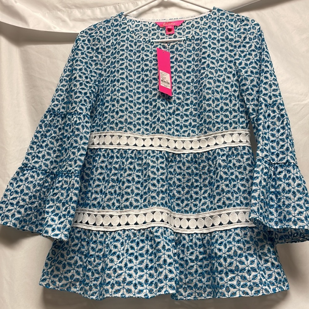Lilly Pulitzer Zazie Top Mr Peacock Blue Zanzibar Eyelet Bell Sleeves Top XXS